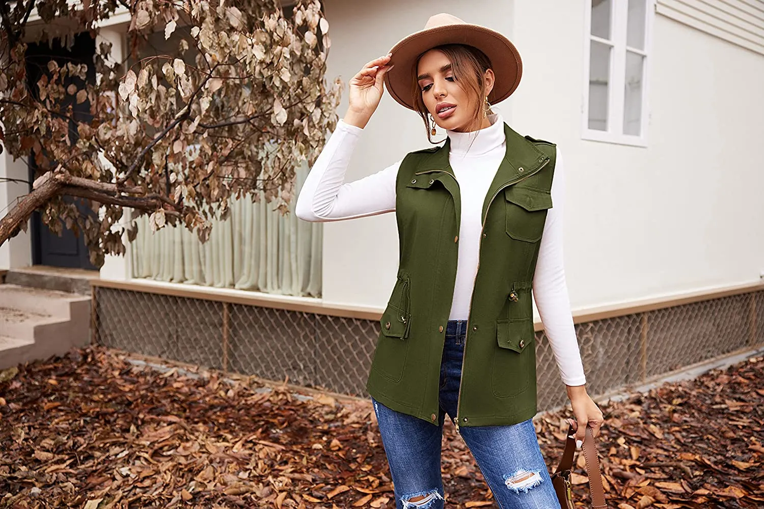 Womens Lightweight Sleeveless Military Anorak Cargo Vest Hooded