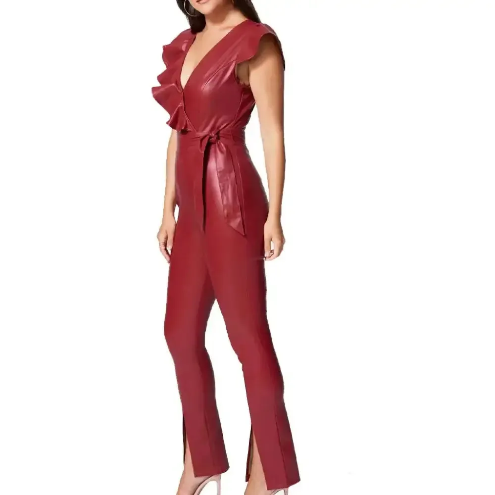 Women's Ruffle Detailed Leather Jumpsuit – Stylish & Chic