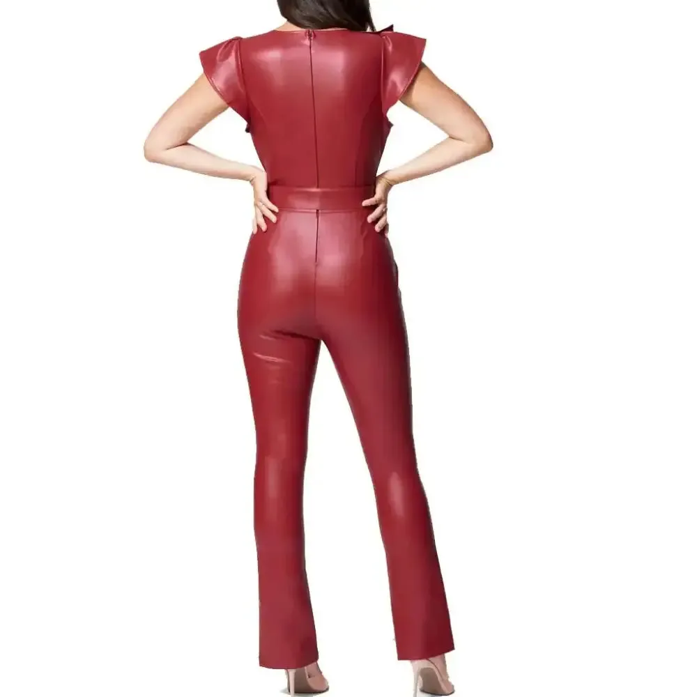 Women's Ruffle Detailed Leather Jumpsuit – Stylish & Chic