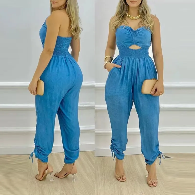 Women's Sleeveless Strapless Denim Jumpsuit - GlamzLife