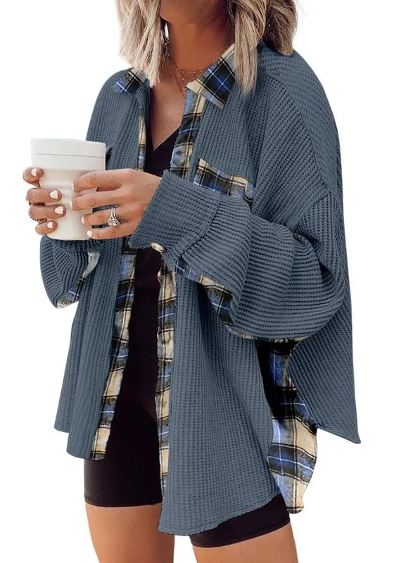 Womens Waffle Knit Plaid Shacket Boyfriend Button Down Shirt Jacket Loose Long Sleeve Tops
