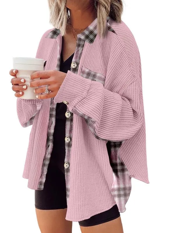 Womens Waffle Knit Plaid Shacket Boyfriend Button Down Shirt Jacket Loose Long Sleeve Tops