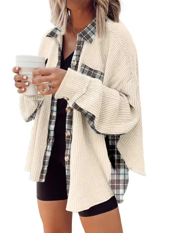 Womens Waffle Knit Plaid Shacket Boyfriend Button Down Shirt Jacket Loose Long Sleeve Tops