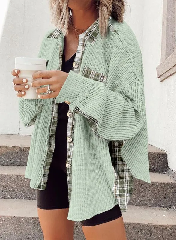 Womens Waffle Knit Plaid Shacket Boyfriend Button Down Shirt Jacket Loose Long Sleeve Tops