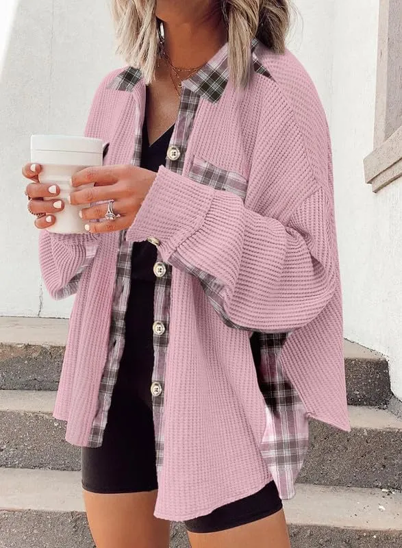 Womens Waffle Knit Plaid Shacket Boyfriend Button Down Shirt Jacket Loose Long Sleeve Tops