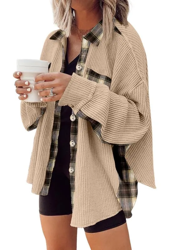Womens Waffle Knit Plaid Shacket Boyfriend Button Down Shirt Jacket Loose Long Sleeve Tops