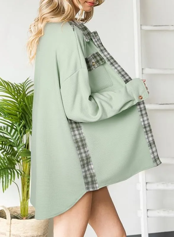 Womens Waffle Knit Plaid Shacket Boyfriend Button Down Shirt Jacket Loose Long Sleeve Tops