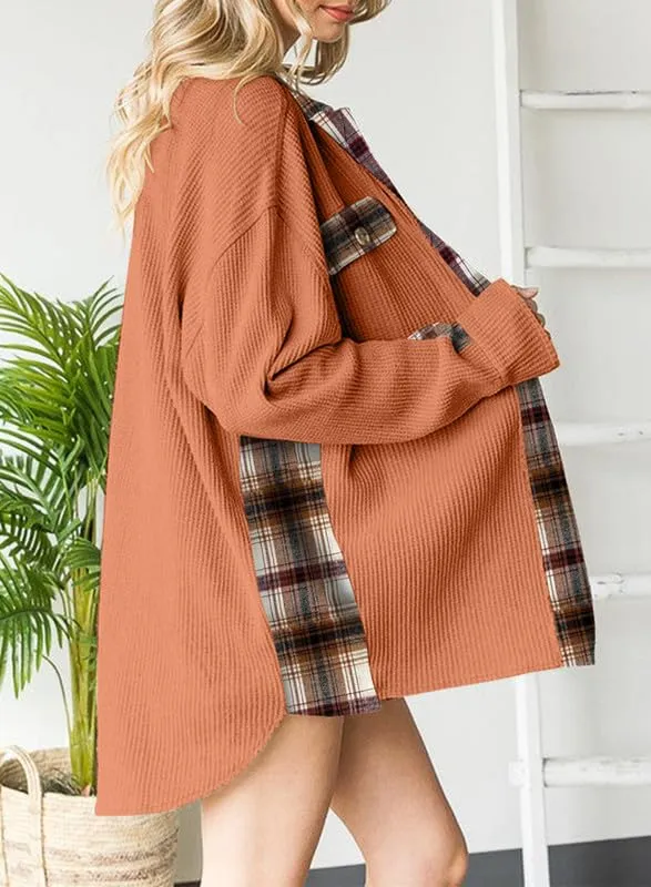Womens Waffle Knit Plaid Shacket Boyfriend Button Down Shirt Jacket Loose Long Sleeve Tops