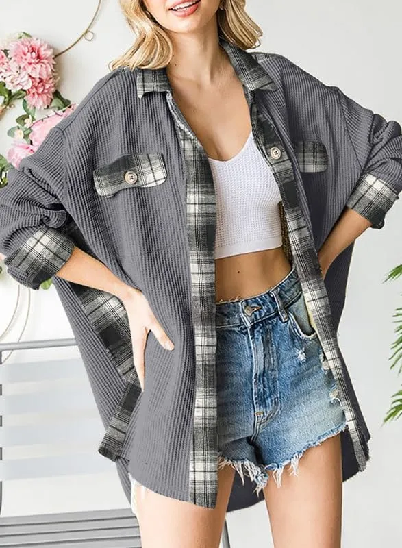 Womens Waffle Knit Plaid Shacket Boyfriend Button Down Shirt Jacket Loose Long Sleeve Tops