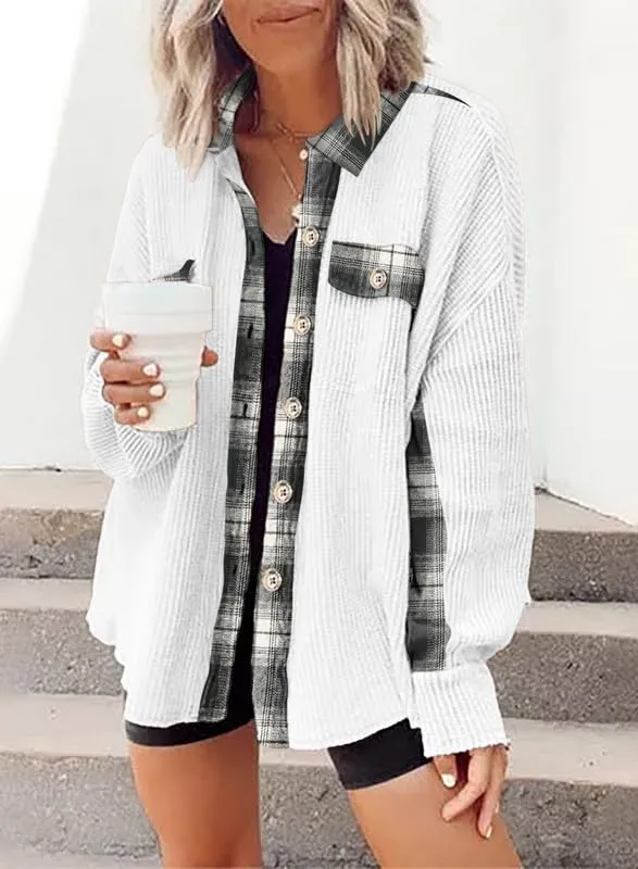 Womens Waffle Knit Plaid Shacket Boyfriend Button Down Shirt Jacket Loose Long Sleeve Tops