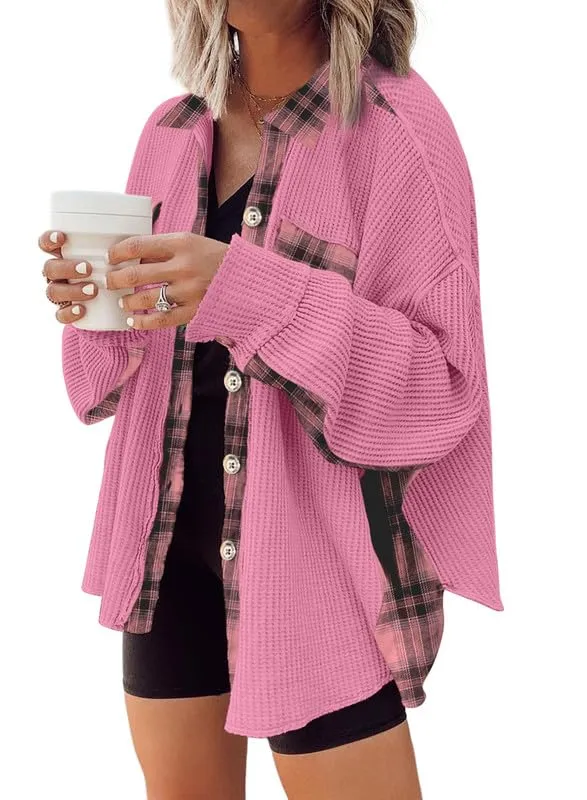 Womens Waffle Knit Plaid Shacket Boyfriend Button Down Shirt Jacket Loose Long Sleeve Tops
