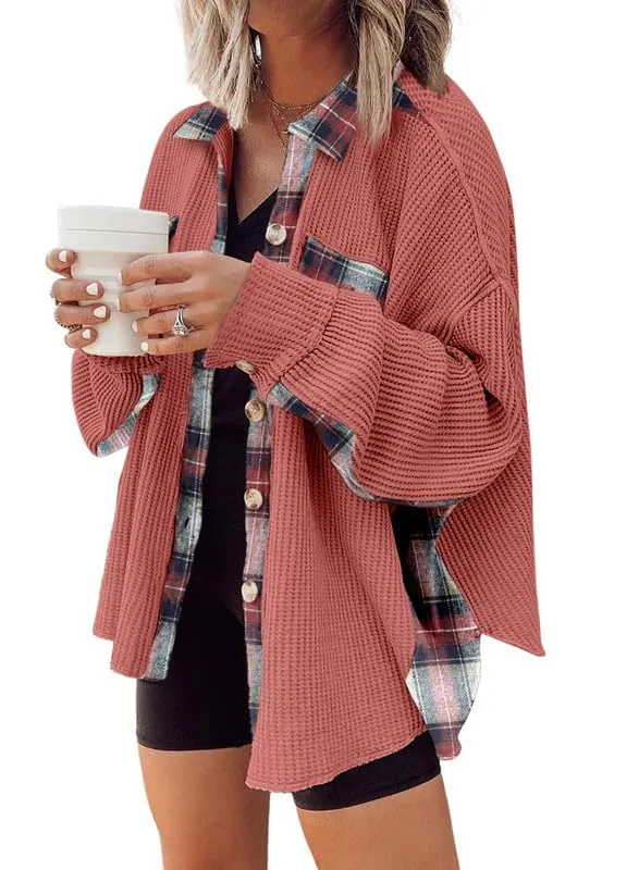 Womens Waffle Knit Plaid Shacket Boyfriend Button Down Shirt Jacket Loose Long Sleeve Tops