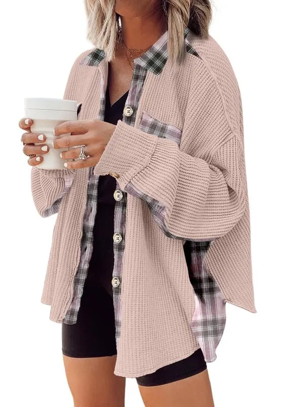 Womens Waffle Knit Plaid Shacket Boyfriend Button Down Shirt Jacket Loose Long Sleeve Tops