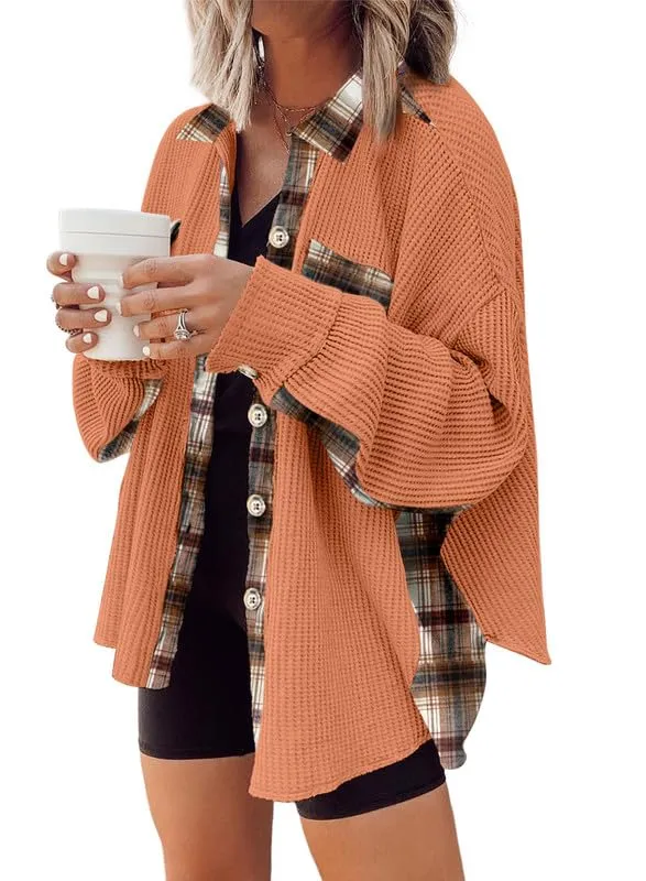 Womens Waffle Knit Plaid Shacket Boyfriend Button Down Shirt Jacket Loose Long Sleeve Tops