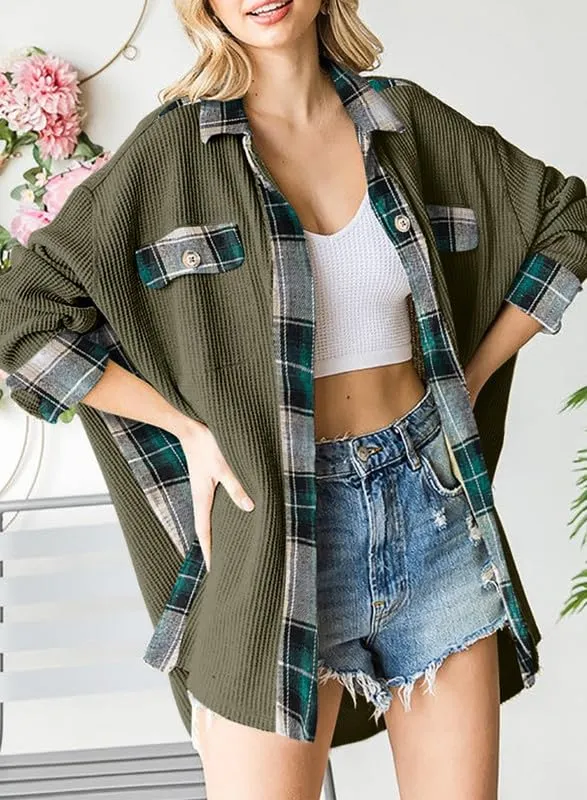 Womens Waffle Knit Plaid Shacket Boyfriend Button Down Shirt Jacket Loose Long Sleeve Tops
