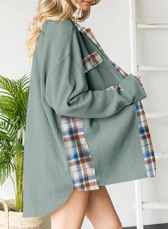 Womens Waffle Knit Plaid Shacket Boyfriend Button Down Shirt Jacket Loose Long Sleeve Tops