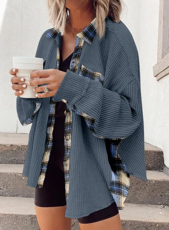 Womens Waffle Knit Plaid Shacket Boyfriend Button Down Shirt Jacket Loose Long Sleeve Tops