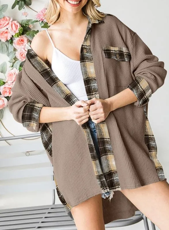 Womens Waffle Knit Plaid Shacket Boyfriend Button Down Shirt Jacket Loose Long Sleeve Tops