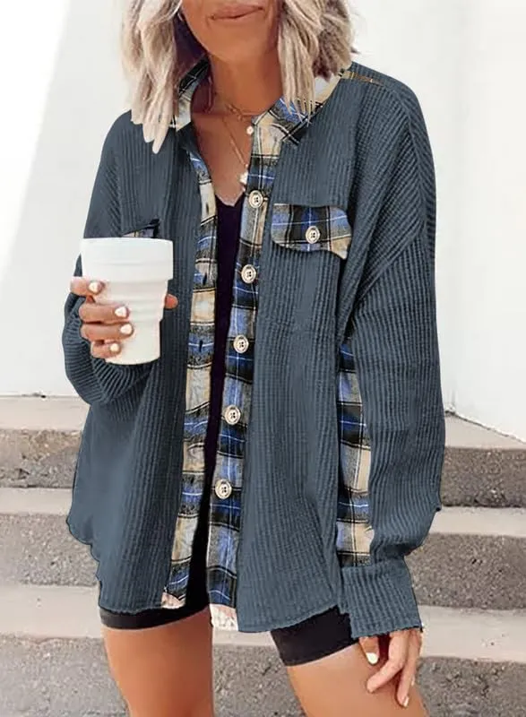 Womens Waffle Knit Plaid Shacket Boyfriend Button Down Shirt Jacket Loose Long Sleeve Tops
