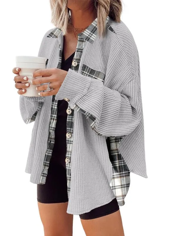 Womens Waffle Knit Plaid Shacket Boyfriend Button Down Shirt Jacket Loose Long Sleeve Tops