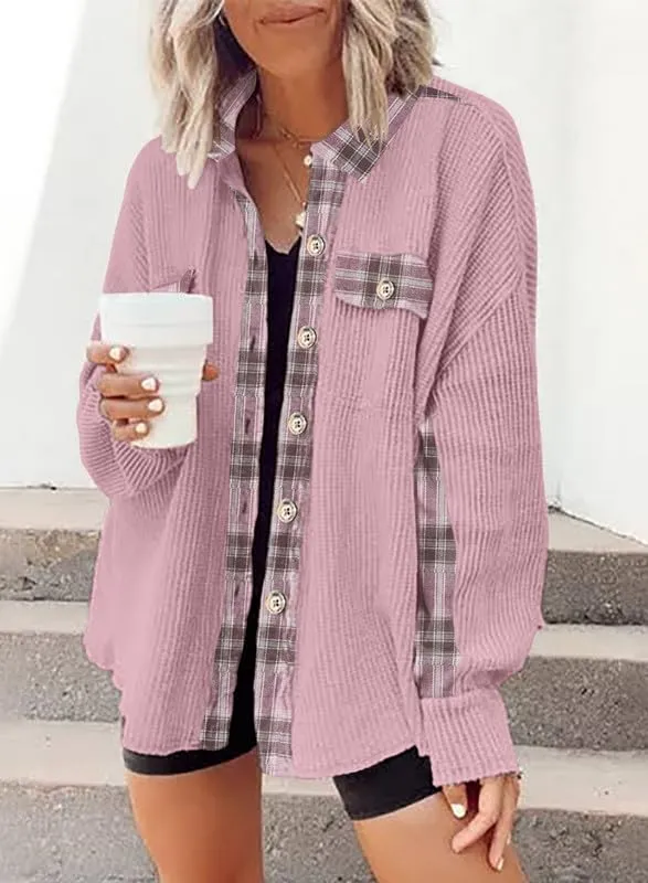 Womens Waffle Knit Plaid Shacket Boyfriend Button Down Shirt Jacket Loose Long Sleeve Tops