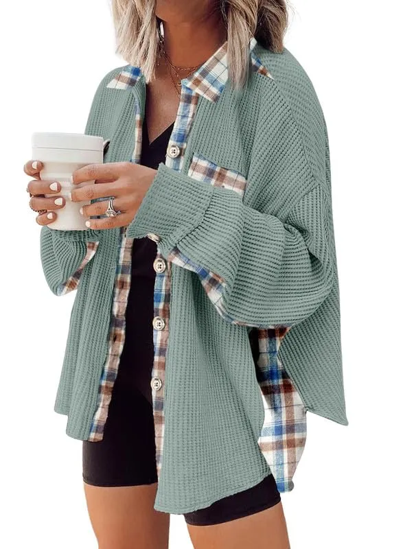 Womens Waffle Knit Plaid Shacket Boyfriend Button Down Shirt Jacket Loose Long Sleeve Tops