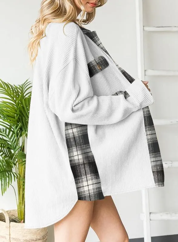 Womens Waffle Knit Plaid Shacket Boyfriend Button Down Shirt Jacket Loose Long Sleeve Tops