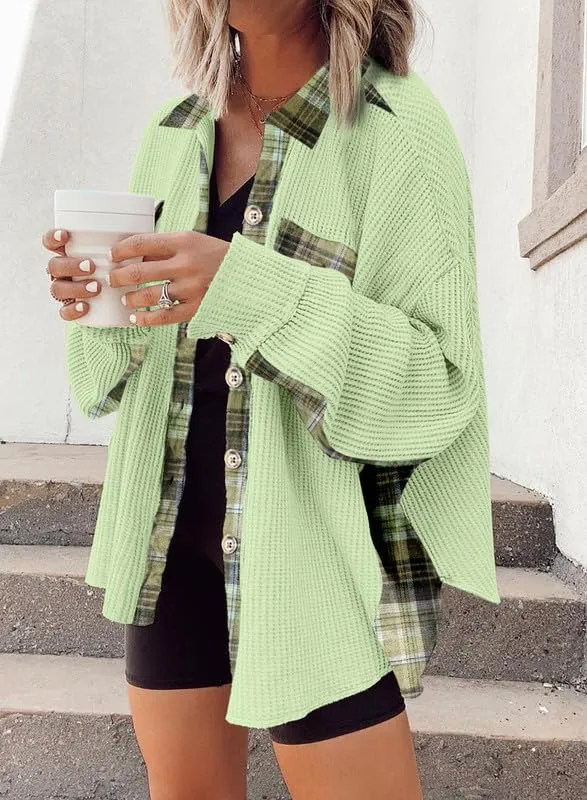 Womens Waffle Knit Plaid Shacket Boyfriend Button Down Shirt Jacket Loose Long Sleeve Tops