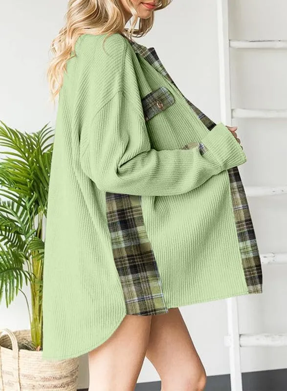 Womens Waffle Knit Plaid Shacket Boyfriend Button Down Shirt Jacket Loose Long Sleeve Tops