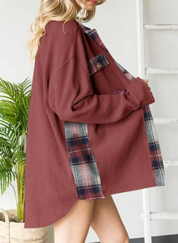 Womens Waffle Knit Plaid Shacket Boyfriend Button Down Shirt Jacket Loose Long Sleeve Tops