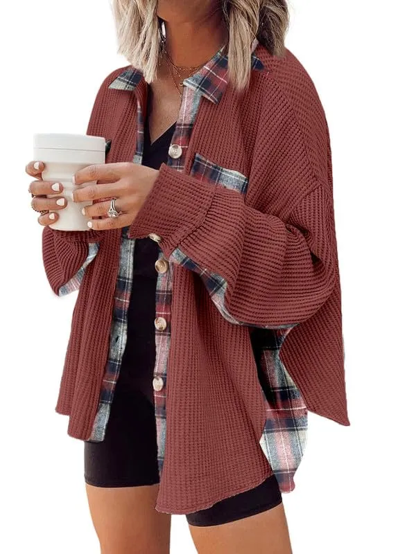 Womens Waffle Knit Plaid Shacket Boyfriend Button Down Shirt Jacket Loose Long Sleeve Tops