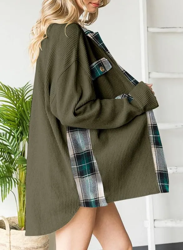 Womens Waffle Knit Plaid Shacket Boyfriend Button Down Shirt Jacket Loose Long Sleeve Tops