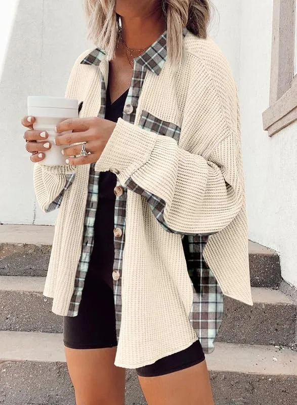 Womens Waffle Knit Plaid Shacket Boyfriend Button Down Shirt Jacket Loose Long Sleeve Tops