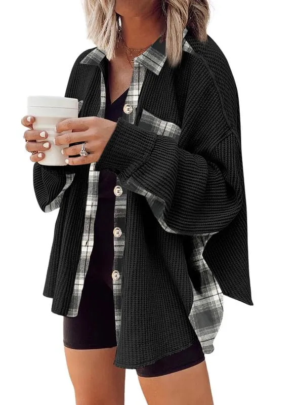 Womens Waffle Knit Plaid Shacket Boyfriend Button Down Shirt Jacket Loose Long Sleeve Tops