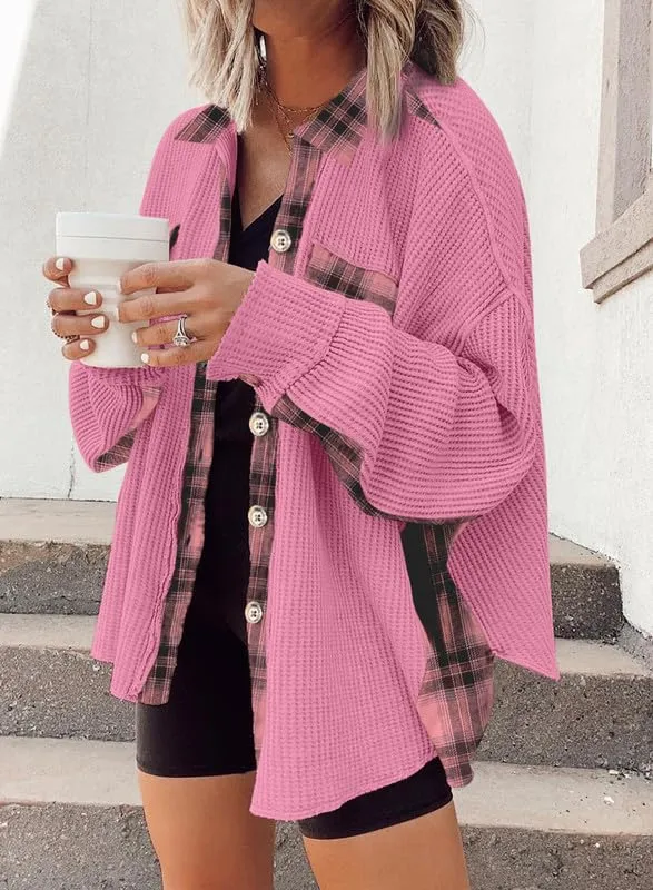 Womens Waffle Knit Plaid Shacket Boyfriend Button Down Shirt Jacket Loose Long Sleeve Tops