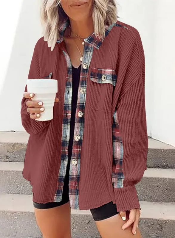 Womens Waffle Knit Plaid Shacket Boyfriend Button Down Shirt Jacket Loose Long Sleeve Tops
