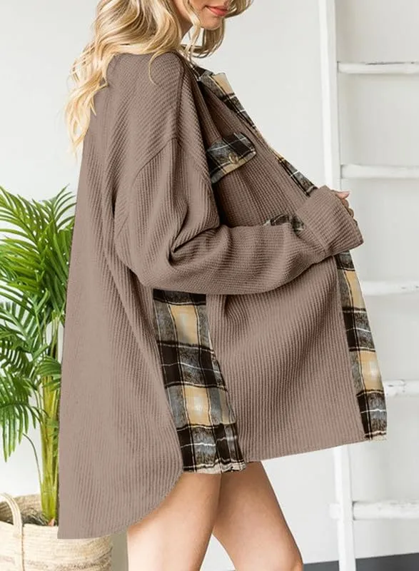 Womens Waffle Knit Plaid Shacket Boyfriend Button Down Shirt Jacket Loose Long Sleeve Tops