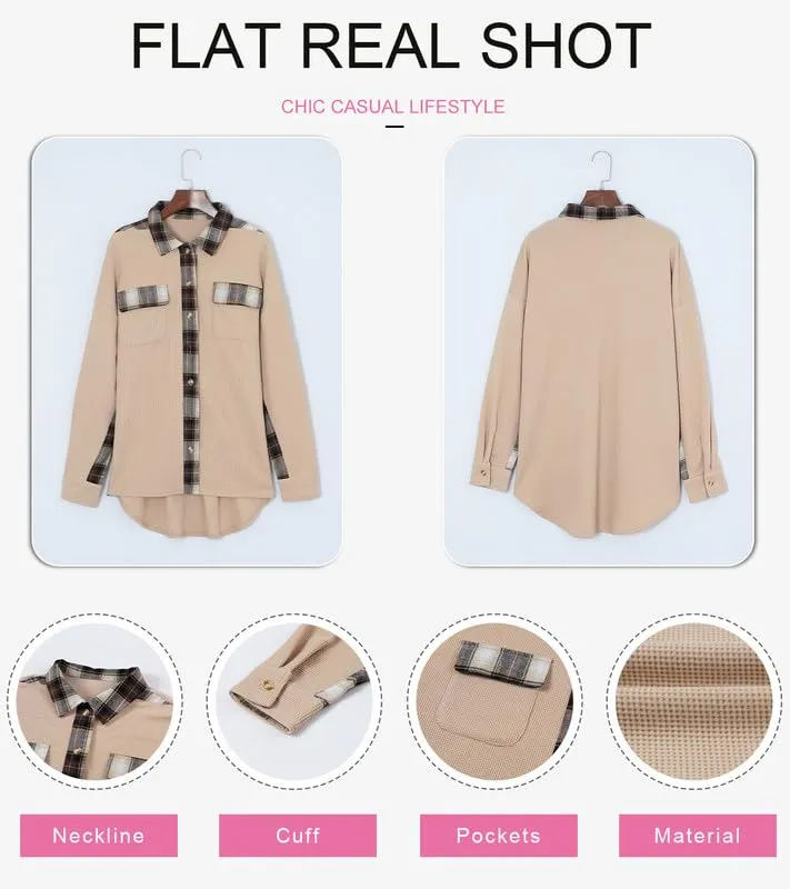 Womens Waffle Knit Plaid Shacket Boyfriend Button Down Shirt Jacket Loose Long Sleeve Tops