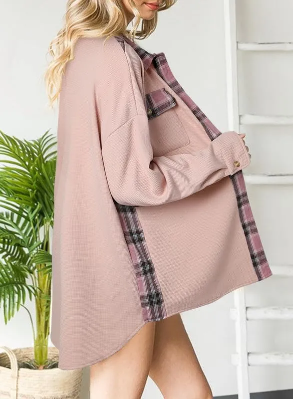 Womens Waffle Knit Plaid Shacket Boyfriend Button Down Shirt Jacket Loose Long Sleeve Tops
