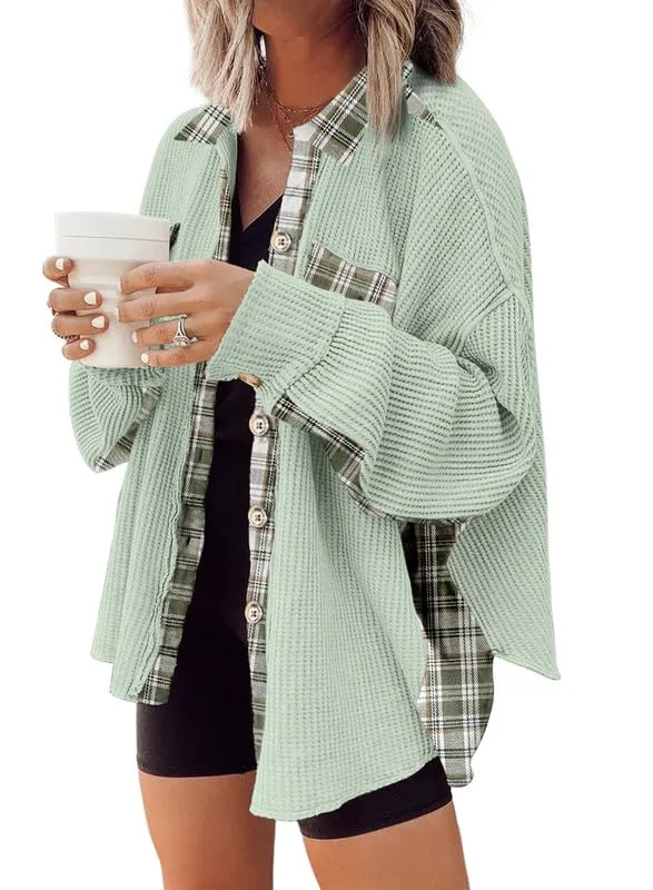 Womens Waffle Knit Plaid Shacket Boyfriend Button Down Shirt Jacket Loose Long Sleeve Tops