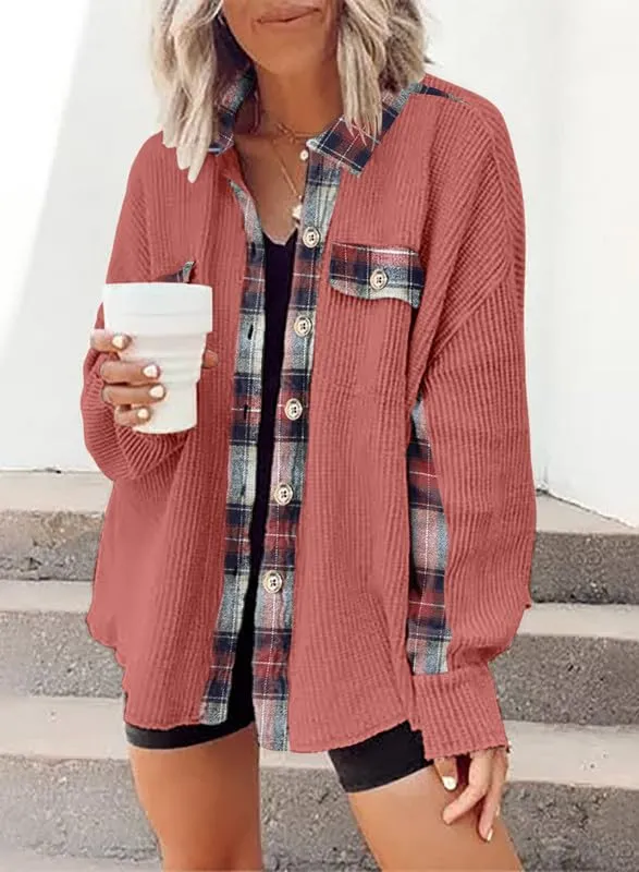 Womens Waffle Knit Plaid Shacket Boyfriend Button Down Shirt Jacket Loose Long Sleeve Tops