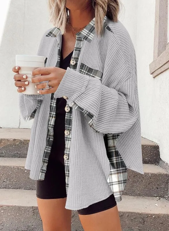 Womens Waffle Knit Plaid Shacket Boyfriend Button Down Shirt Jacket Loose Long Sleeve Tops