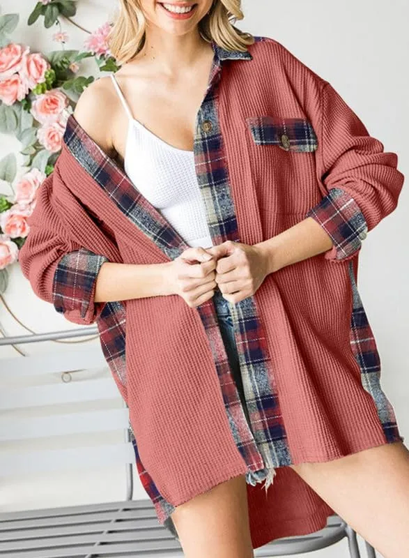 Womens Waffle Knit Plaid Shacket Boyfriend Button Down Shirt Jacket Loose Long Sleeve Tops