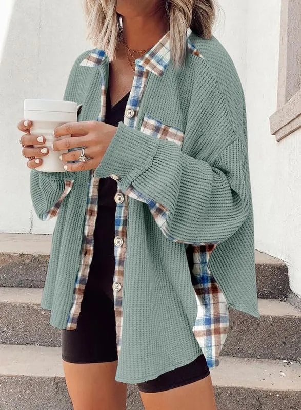 Womens Waffle Knit Plaid Shacket Boyfriend Button Down Shirt Jacket Loose Long Sleeve Tops