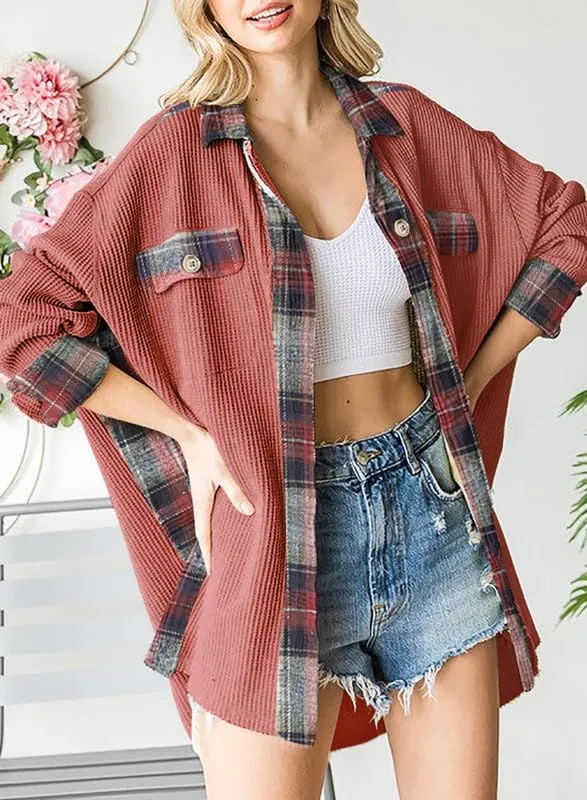 Womens Waffle Knit Plaid Shacket Boyfriend Button Down Shirt Jacket Loose Long Sleeve Tops