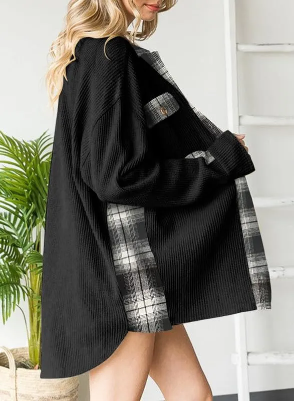 Womens Waffle Knit Plaid Shacket Boyfriend Button Down Shirt Jacket Loose Long Sleeve Tops
