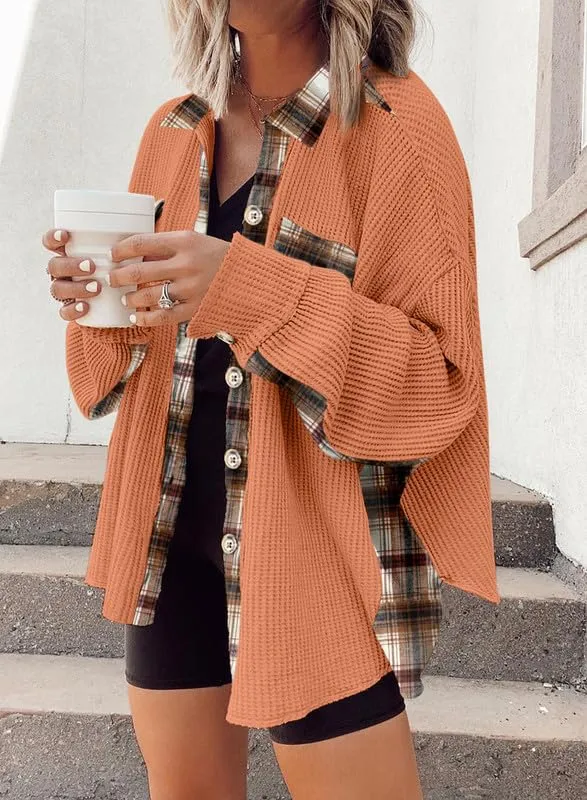 Womens Waffle Knit Plaid Shacket Boyfriend Button Down Shirt Jacket Loose Long Sleeve Tops