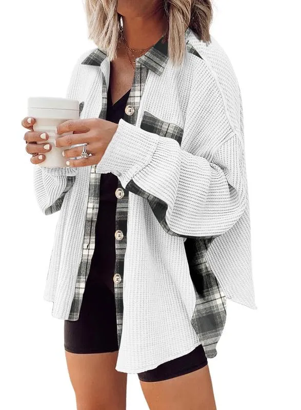 Womens Waffle Knit Plaid Shacket Boyfriend Button Down Shirt Jacket Loose Long Sleeve Tops