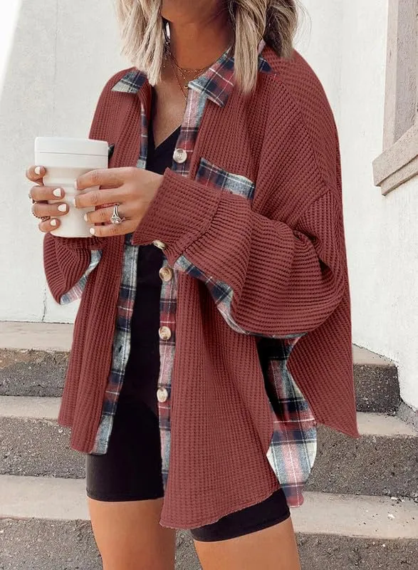 Womens Waffle Knit Plaid Shacket Boyfriend Button Down Shirt Jacket Loose Long Sleeve Tops