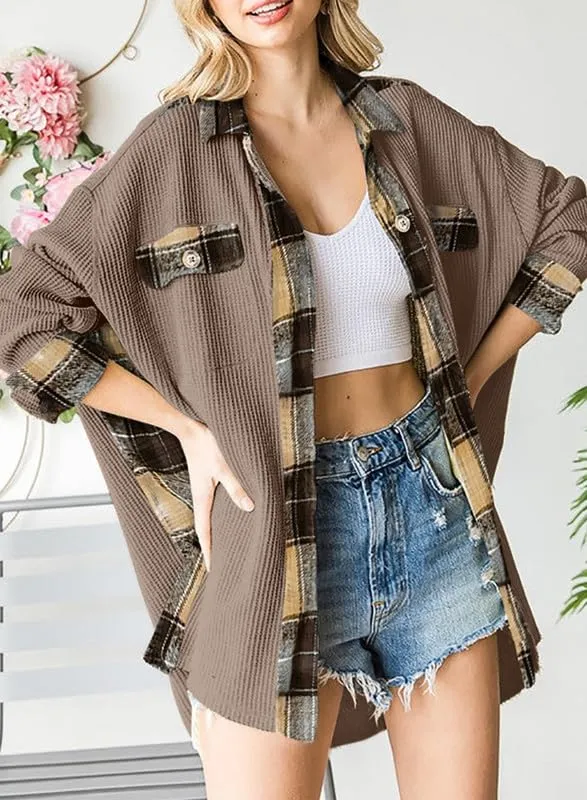 Womens Waffle Knit Plaid Shacket Boyfriend Button Down Shirt Jacket Loose Long Sleeve Tops